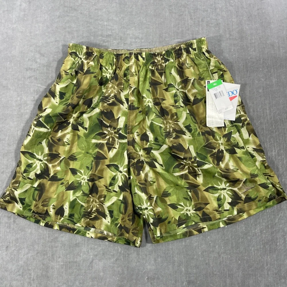 NWT Speedo Mens Large Floral Print Swim Trunks Shorts Elastic Waist